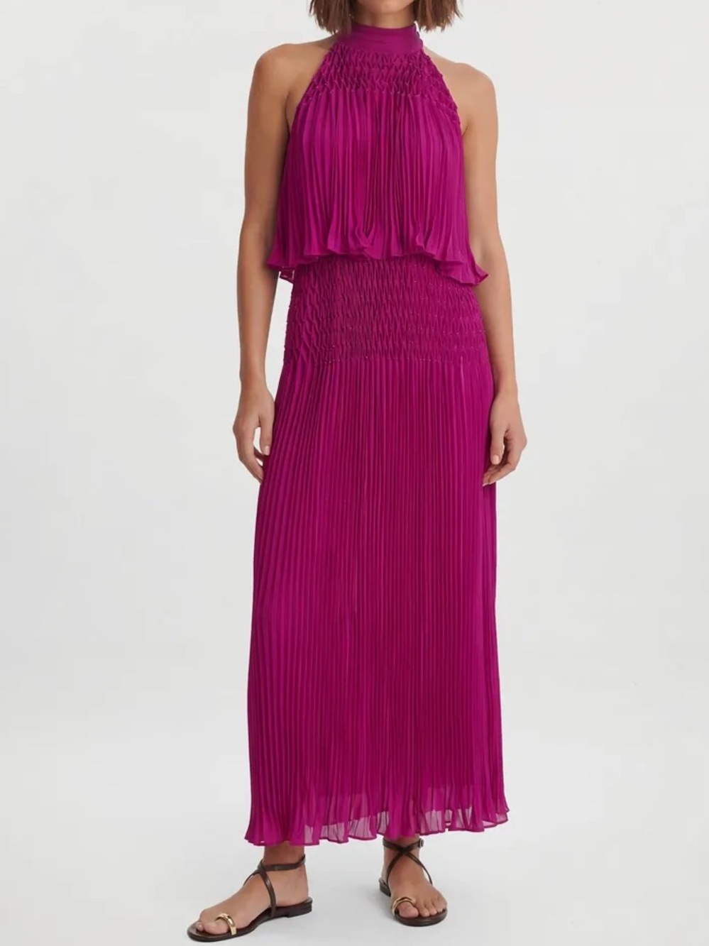 Karen Millen Placement Pleated Halterneck Maxi Dress in Purple Size US 12 NEW